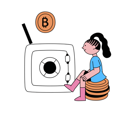Cartoon Illustration of Digital Safe with Euro and Bitcoin