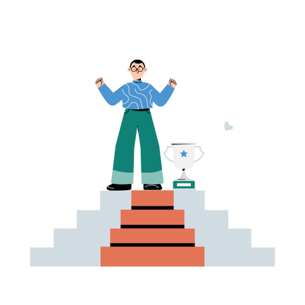 Man Celebrates Success with Trophy on Top of Stairs Illustration