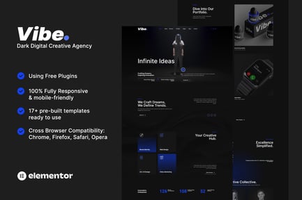Preview: Vibe - Dark Digital Creative Agency & Portfolio Elementor Template Kit