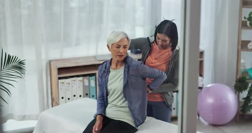 Old woman, back pain or physiotherapy for senior patient with help in physical therapy