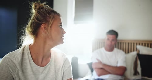 Home, bedroom and couple with ignore after fight, misunderstanding and sad in toxic marriage