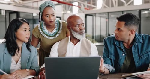 Laptop, team work or employees in meeting planning a digital marketing strategy with SEO data