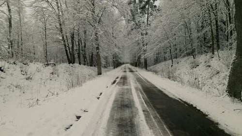 Low angle drone flying forward along the snow-covered and ice-covered countryside forest road, huge