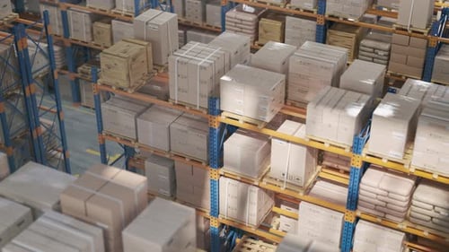 Retail Warehouse and Row of Shelves with Goods in Card Board Boxes Delivery Storage and Logistic