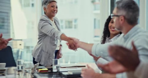 Handshake, presentation and applause, business people in meeting with collaboration