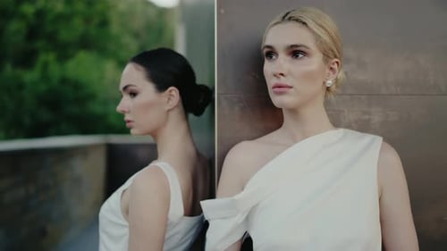 Two Elegant Women in White Dresses Reflecting By a Wall Outdoors