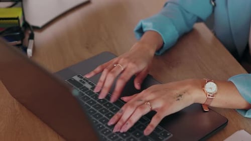 Hands, business woman or laptop typing in startup brand seo, digital marketing software