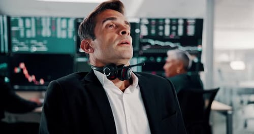 Frustrated, businessman and stress with stock market crash for company bankruptcy or debt at office