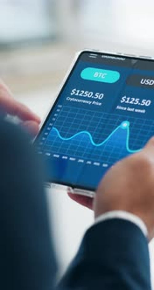 Hands, tablet and business trader for cryptocurrency price, graphs and fintech data on dashboard