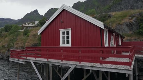 Lofoten Islands in Norway Boast the Characteristic Red Rorbu Fishing Huts Crowned By Sod Roofs
