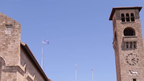 Medieval Architecture Of The Catholic Cathedral Of Rhodes In The City Of Rhodes, Greece. Low Angle