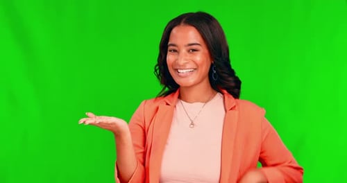Woman, advertising and OK on green screen, agreement with brand and emoji