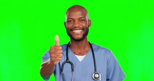 Thumbs up, green screen surgeon and happy black man satisfaction for healthy medical results