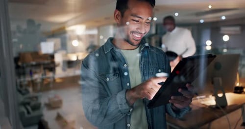 Night, office and business man on tablet for internet, website research and online project