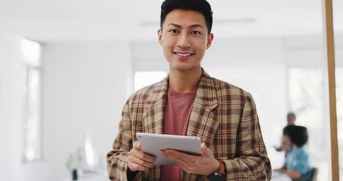 Email, social media and face of a businessman with a tablet for marketing website