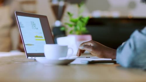 Coffee shop, business and hands working on laptop for presentation, online website and internet