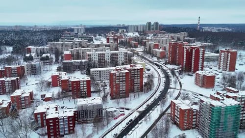 Winter view from a drone, buildings of Vilnius, Lithuania covered in snow