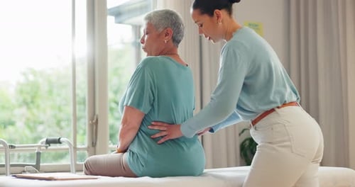Women, physiotherapist and back rehabilitation of patient for medical consulting
