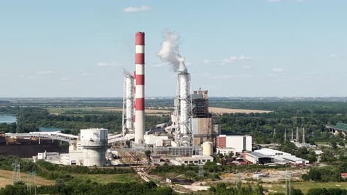 Termoelektrana Nikola Tesla A Obrenovac, Serbia. Drone Shot of Coal Electric Power Plant Chimneys