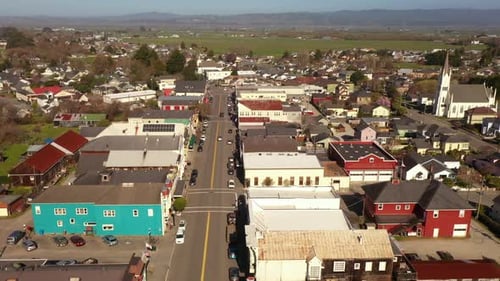 Historic Northern California town of Ferndale. Aerial view of Main Street in Victorian Village. Smal