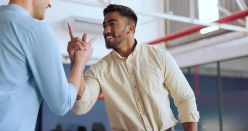 Creative, businessman and friends in handshake for greeting, introduction