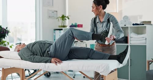 Woman, physiotherapist and stretching leg with patient for physical therapy