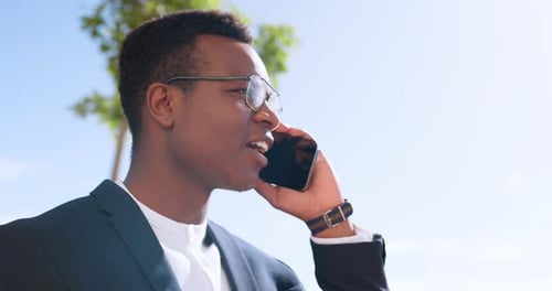 Business, black man or phone call for communication, connection or outdoor