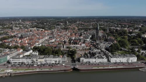 Aerial approach of the boulevard of the Hanseatic Dutch city of Zutphen. Cityscape of medieval town