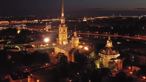 Aerial Night View of Peter and Paul Fortress