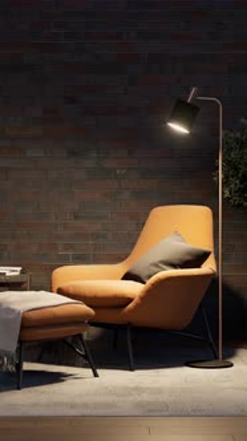 Teil des Wohnzimmers mit Sessel, Tisch und Stehlampe. 3D-Rendering