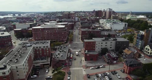 Cars Driving In City Streets, Portland Maine Aerial Shot