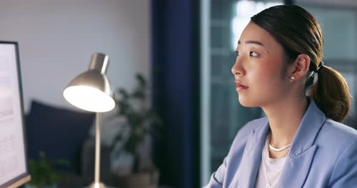 Asian business woman, computer or night office for web design branding, digital marketing logo