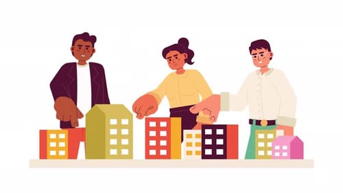 Happy home buyers choosing apartment 2D animation