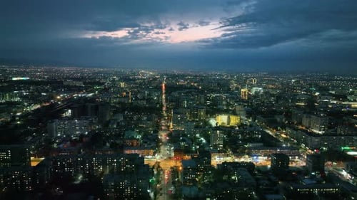 Aerial Night View of a Wide Boulevard in Bishkek City