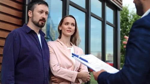 Couple Buying Countryside House Talking to Real Estate Realtor Discuss Mortgage Loan Contract Form