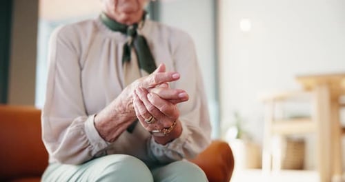 Senior woman, hand pain and arthritis for joint inflammation, medical problem and osteoporosis