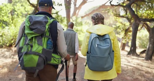 Nature, walking and friends on hiking on outdoor adventure in conversation
