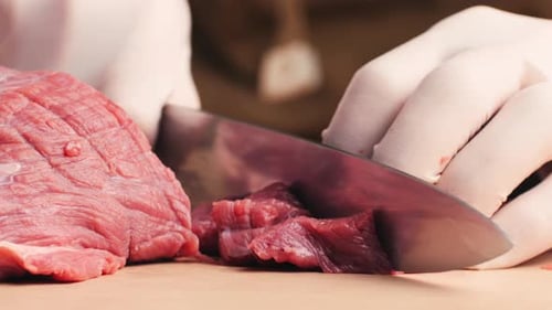 Man Cut Meat Steak Beef Pork Neck Cooking Cook Butcher The Chef Cuts the Meat for Cooking Neck