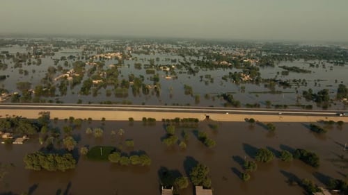 Aerial View of Punjab City Entirely Submerged in Floodwaters After a Natural Disaster