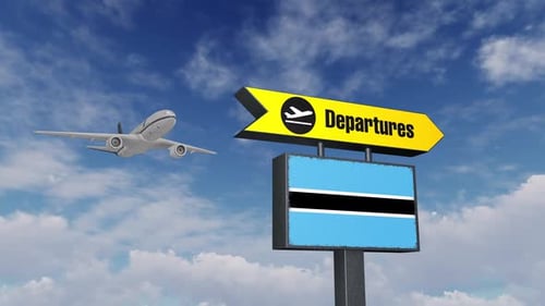 The Plane Is Flying Over The Departures Sign And Botswana Flag