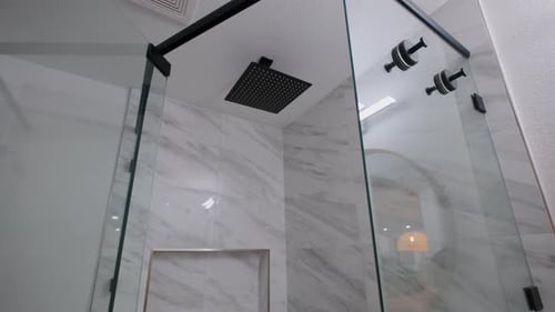 Modern Tiled Bathroom with Shower in Private Home Real Estate Interior Move Wide Footage