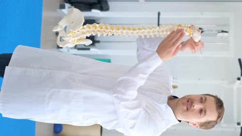 Doctor Holding Model of Human Spine During Medical Event