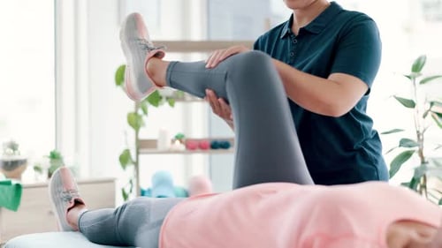 Women, physiotherapy and leg consultation for stretching muscle as rehabilitation for injury