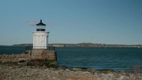 Bug Light Park Lighthouse Is In South Portland, Maine, The United States. Static Shot