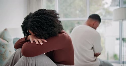 Sad, woman and couple with fighting on bed for toxic marriage divorce, conflict and problem at home