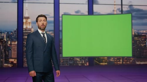 Confident Newscast Presenter Talking Daily News in Tv Studio with Green Screen