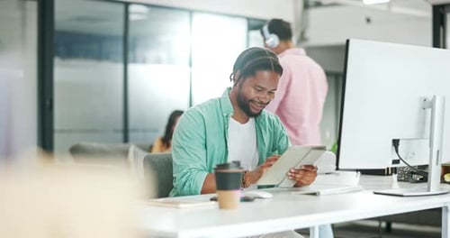 Black man, tablet or computer in coworking office, digital marketing startup or advertising company