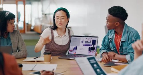 Business people, diversity or meeting with website and office documents