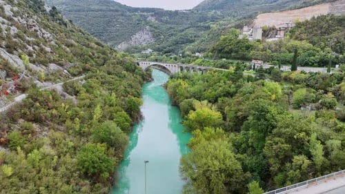 Aerial video of Solkan Bridge over the Soca River in Slovenia