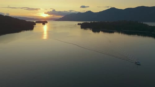 Aerial view of sunset over tranquil waterway, United States.